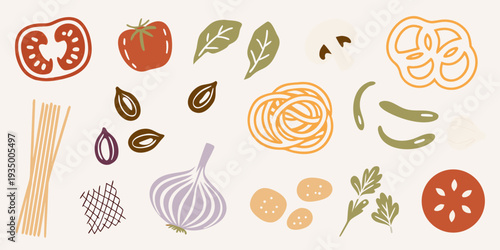 Stylized illustration of various vegetables herbs and pasta ingredients