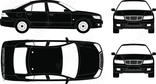 Black sedan car silhouette set side front rear top views detailed outlines classic luxury vehicle automotive design transport blueprint vector illustration for graphics logos