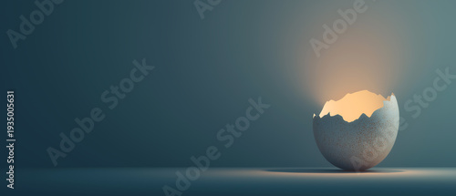 Cracked Easter egg shell with warm glowing light, dark minimal background