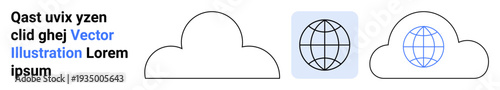 Data storage, cloud computing, global communication, internet services, digital technology, networking. Visual shows clouds and a globe symbol. Data storage and cloud computing concept