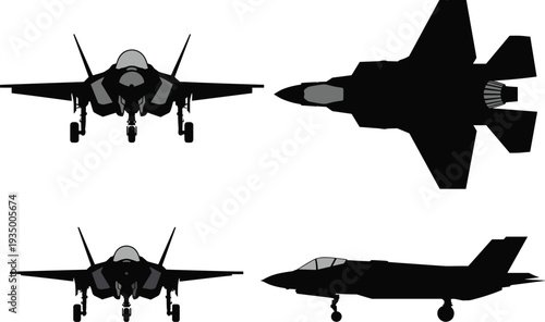 Black silhouette set of F-35 Lightning II fighter jet multiple views top front side profiles stealth military aircraft vector illustration for aviation defense design