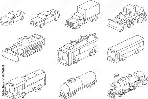 Isometric vehicle outline set car pickup truck tanker locomotive bulldozer tank trolleybus bus train toy collection line art vector illustration for design template