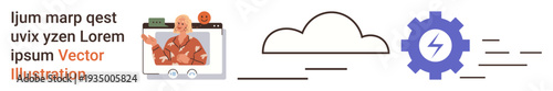 Cloud storage, remote work, internet services, digital transformation, online communication, technical support. A person inside a browser next to a cloud and gear icons. Cloud storage and remote work