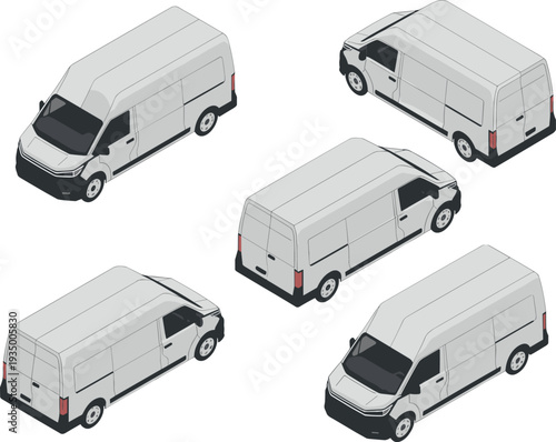 Isometric white delivery van set panel cargo furgon side front rear top view modern commercial vehicle blank template outline vector illustration for branding design