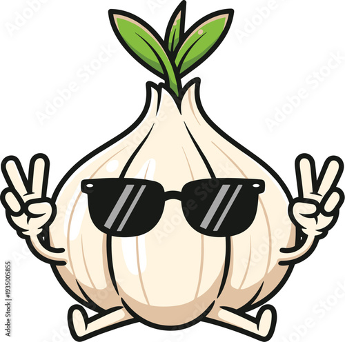 Cool garlic mascot character wearing sunglasses showing peace sign funny vegetable cartoon vector illustration