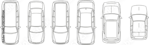 Top view car silhouettes set sedan various models overhead perspective different roof designs outlines automotive transport vehicle blueprint vector illustration for design maps graphics