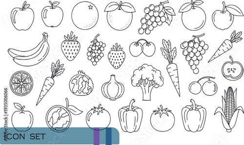 Print Comprehensive Fresh Fruits and Vegetables Line Icon Set Featuring a Variety of Organic Produce Berries Garden Greens and Citruses