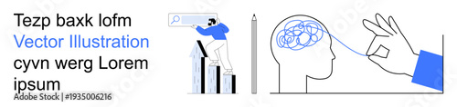 Business strategy, progress tracking, data analysis, mental health, brainstorming, problem solving. A person climbs a chart with a magnifying glass, and a hand untangles a brain. Business strategy
