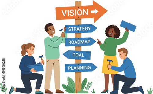Business team planning strategy roadmap goal and vision concept with people building direction signboard vector illustration