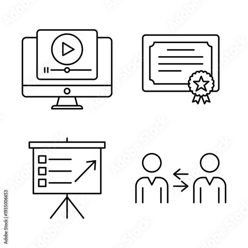 Online Learning and Certification Line Icon Set