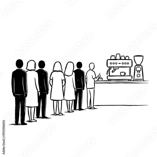 Group of people waiting in line at a coffee shop counter  