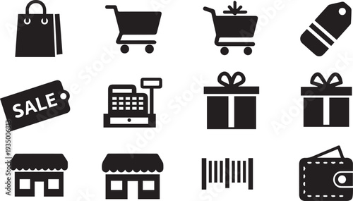 Black Silhouette Icon Set for E-commerce Business, Retail Shopping, Online Store Transactions, Gift Delivery Services, and Commercial Marketing Promotions