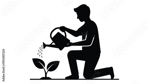 A person watering a plant with a watering can isolated on white background, Vector