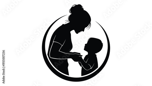 A woman and child in a circular silhouette isolated on white background, Vector