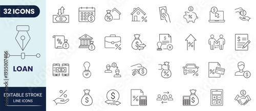 Loan icon set in line style. Linear icon collection. Editable stroke. Full vector.	