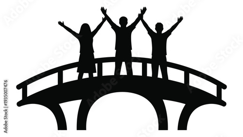 Three people standing on a bridge with their arms raised isolated on white background, Vector
