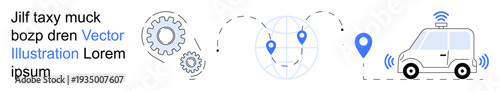 Transportation, GPS systems, global navigation, smart vehicles, future mobility, technology development. Gear symbols, globe with pins and self-driving car with GPS. Transportation and GPS systems