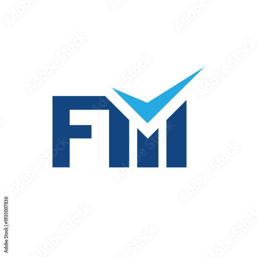 This image is a logo design of an initial letter FM with a check mark. The logo looks nice in blue combination on a white background.