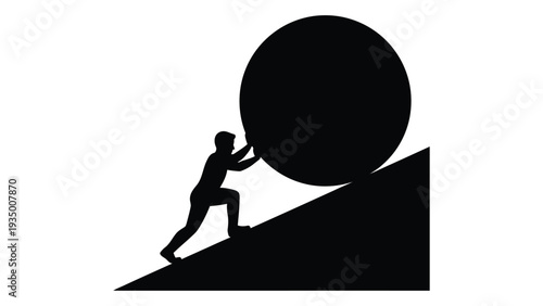 A man struggles to push a large ball up a steep hill isolated on white background, Vector