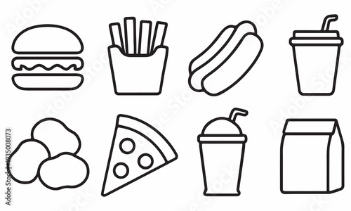 Fast food icons set including burger fries hot dog pizza isolated on white background