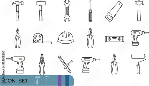 Print Comprehensive Hand Tools and Construction Equipment Icon Set Featuring Hammers Drills Pliers Wrenches and Essential Repair Hardware
