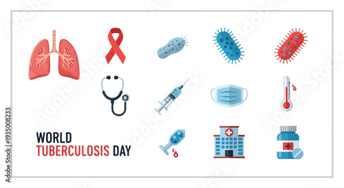 Flat lay graphic design for World Tuberculosis Day with medical icons on a white background