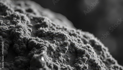 Close Up Macro View Of Rough Textured Mossy Surface In Grayscale With Soft Bokeh Background