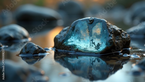 Close Up Of A Wet Rock With Blue Luminescence In Shallow Water