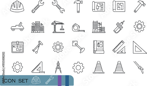 Print Comprehensive Construction and Architectural Engineering Icon Set Featuring Industrial Tools Blueprints Heavy Machinery and Building Site Safety Equipment