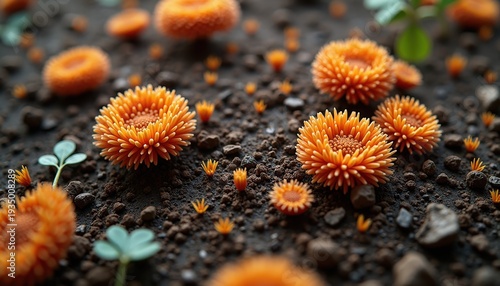 Close Up Macro View Of Tiny Orange Fungi Growing In Dark Rich Soil With Green Sprouts Emerging