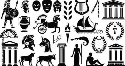 Ancient Greek mythology and architecture icons set, classical symbols isolated on white background vector illustration collection