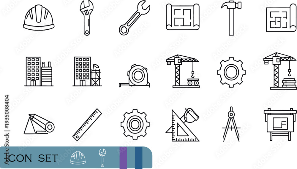 Fototapeta premium Print Professional Architecture and Construction Icon Set Featuring Engineering Tools Blueprints Cranes and Building Development Symbols