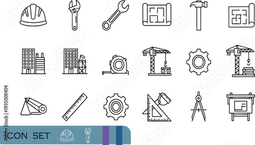 Print Professional Architecture and Construction Icon Set Featuring Engineering Tools Blueprints Cranes and Building Development Symbols
