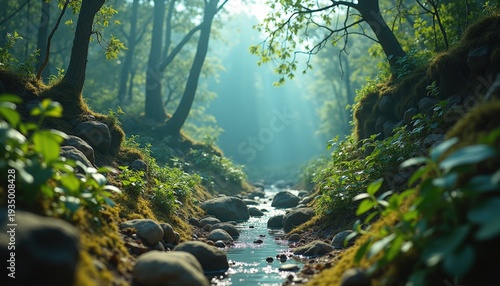 Sunbeams illuminating a lush green forest stream with moss-covered rocks and vibrant foliage creating a serene natural