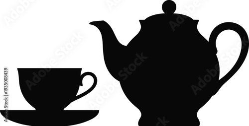 Teapot and teacup silhouette set, classic tea service isolated on white background vector illustration for kitchen design