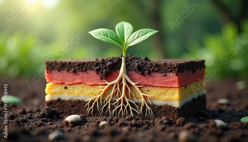 New Green Sprout Emerging From Layered Soil Cross Section With Visible Roots And Soft Sunlight In A Lush Garden Setting