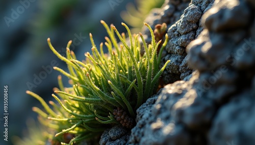Tiny Green Pine Sapling Growing Among Rough Gray Rocks Bathed in Golden Hour Sunlight with Soft Focus Background