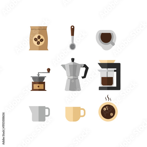 Coffee Making Icons: Beans, Grinder, Moka Pot, Drip Machine, Cup, Mug, Creamer