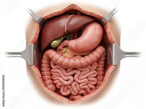 Open Abdomen Surgery View Digestive System Anatomy Illustration With Intestines Stomach And Liver