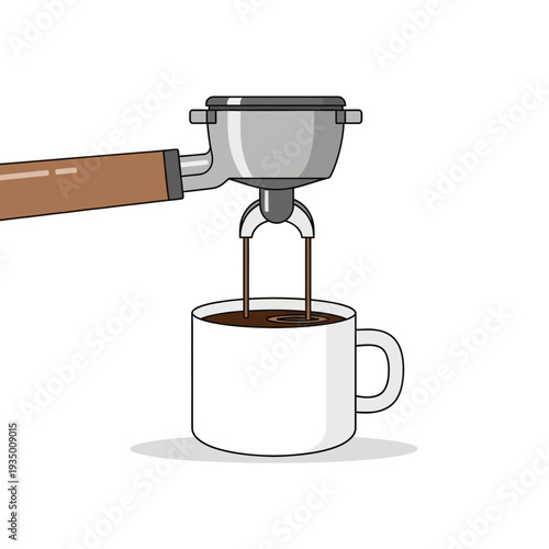 Espresso shot pouring into a white mug from a portafilter, close-up, coffee brewing