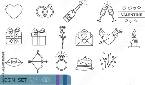 Print Romantic Valentine's Day Icon Set Featuring Wedding Rings Love Letters Gift Boxes Champagne and Heart-Themed Celebration Symbols
