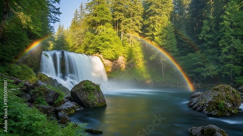 Waterfall cascades in a lush forest with a rainbow arcing across the picturesque scene