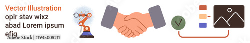 Business collaboration, robotics, automation, agreement, workflow, teamwork. Handshake, industrial robot checklist and data chart icons. Business collaboration and robotics industries concept