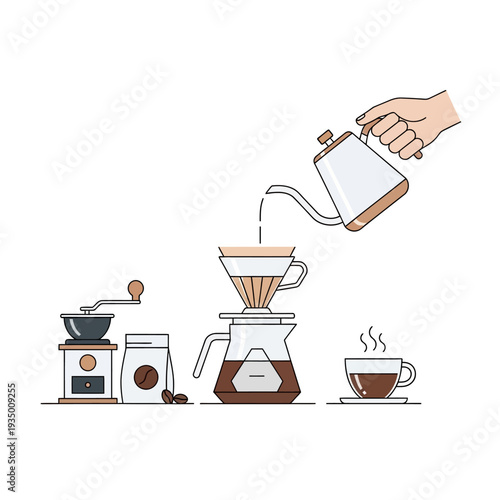 Pour Over Coffee Brewing Process: Grinder, Beans, Dripper, Kettle, Cup