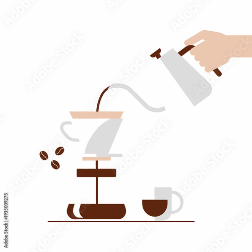 Pour Over Coffee Brewing Process: Hand Pouring Hot Water into Dripper, Fresh Coffee Beans