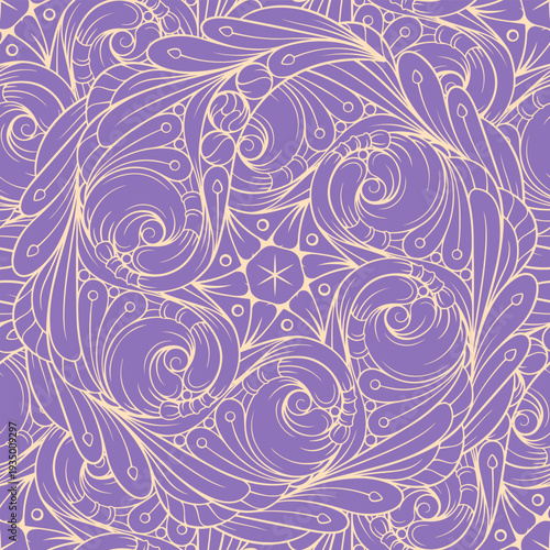 Seamless abstract swirl pattern. Hand drawn decorative ornaments on purple background
