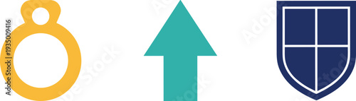 Set of three colorful vector icons ring upward arrow and shield security protection navigation upload symbol simple flat design elements for apps logos websites illustration