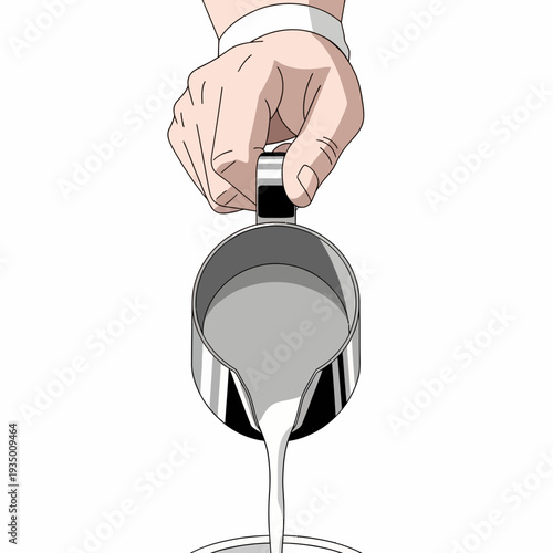 Barista pouring milk into coffee cup for latte art, close-up on hand and pitcher