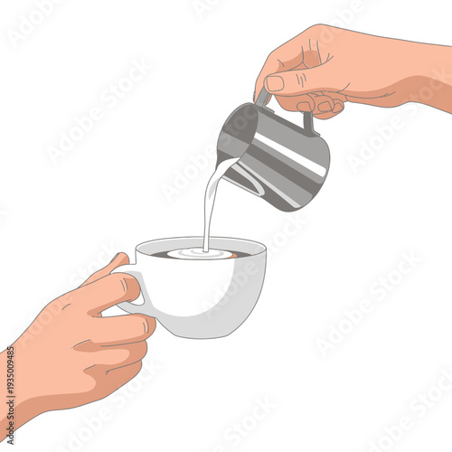 Barista pouring milk into coffee cup, latte art preparation, close-up hands, white background