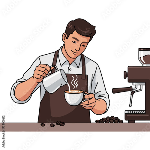 Barista pouring steamed milk into coffee cup, making latte art, coffee beans and machine nearby